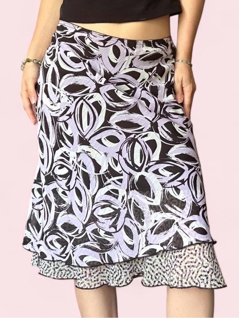 Briggs New York Black & Lilac Abstract Layered Midi Skirt
